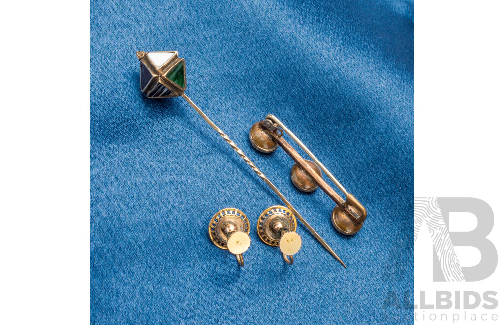Vintage 9ct Yellow Gold Lapel Pin & Rolled Gold Tourmaline Earrings & Brooch