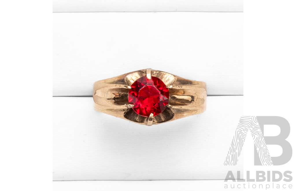 Vintage 14ct Yellow Gold & Synthetic Ruby Ring - Size M.5