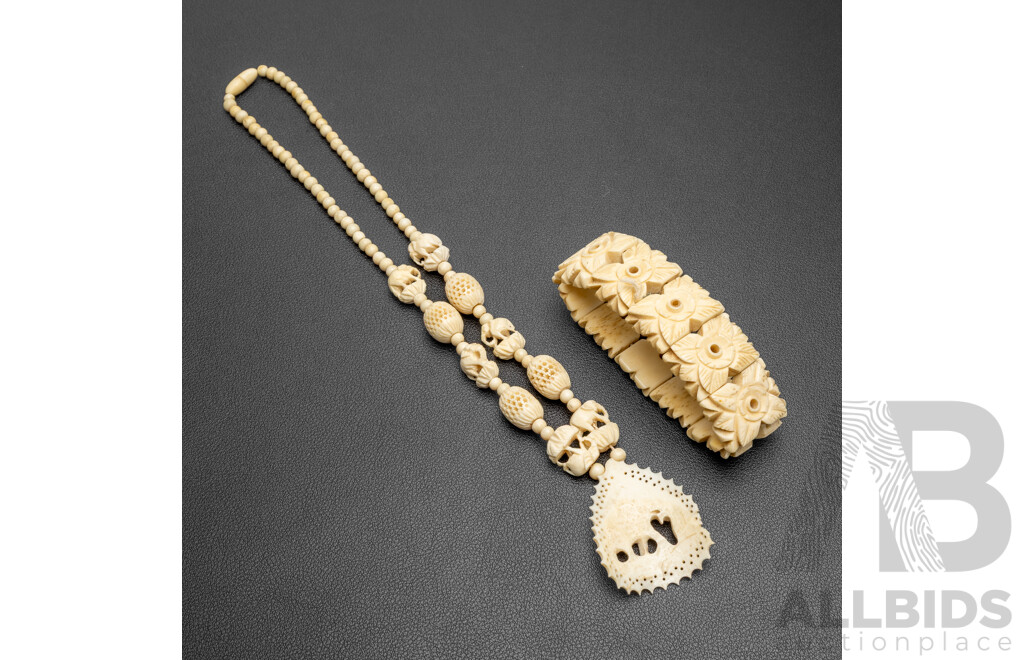 Vintage Carved Ivory Bracelet & Necklace Set