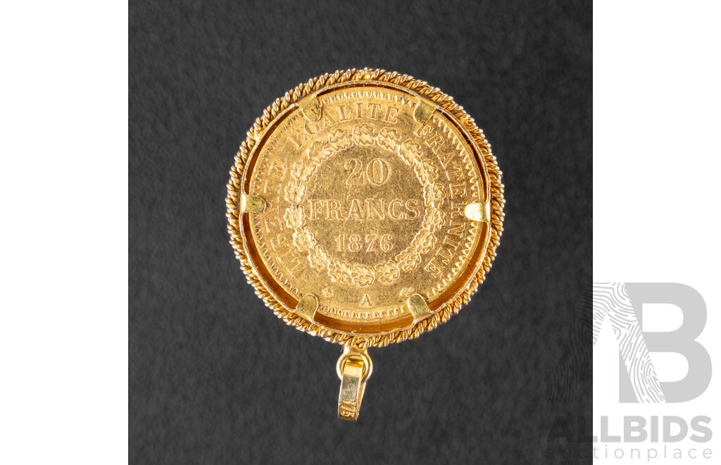 France 1876 Gold Twenty Francs Coin in 9ct Gold Pendant, Paris Mint .900