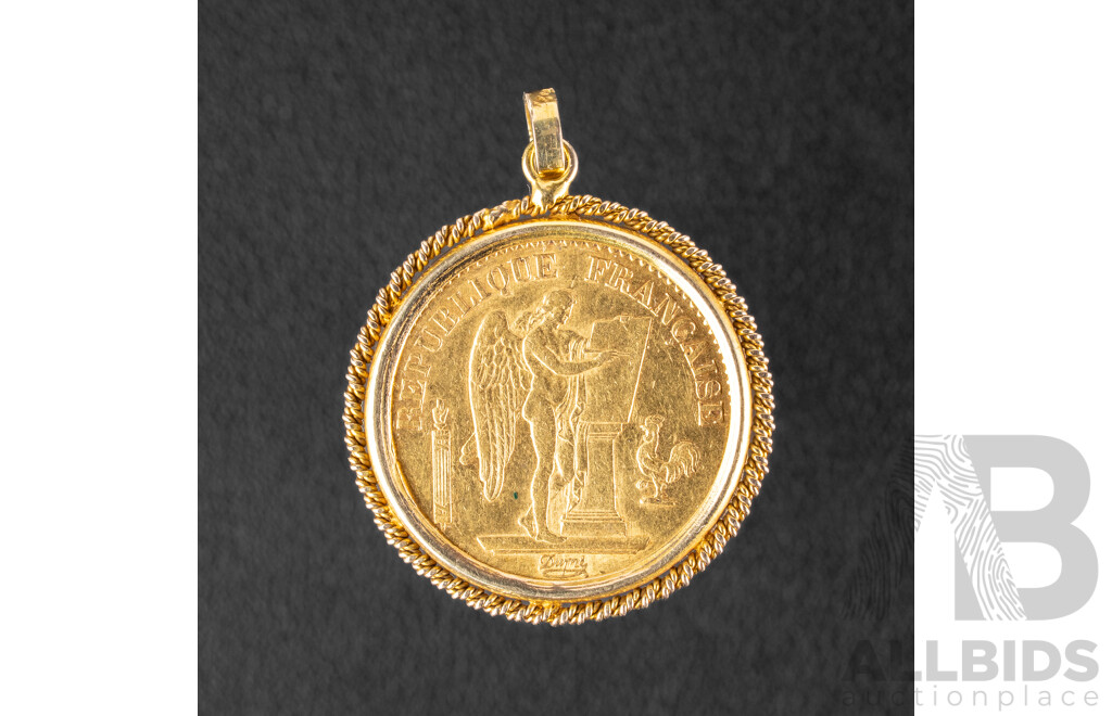 France 1876 Gold Twenty Francs Coin in 9ct Gold Pendant, Paris Mint .900