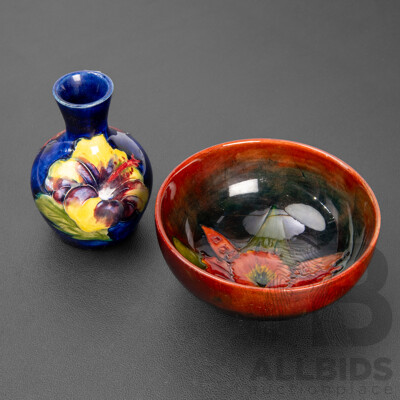 Moorcroft Hibiscus Vase by Walter Moorcroft Together with a Moorcroft Flambe Orchid Bowl (2)
