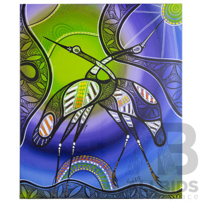 Colin Wightman (20th Century, Indigenous-Australian, 1965-2016), The Dance of the Brolga, Original Acrylic on Canvas, 92H x 76W cm