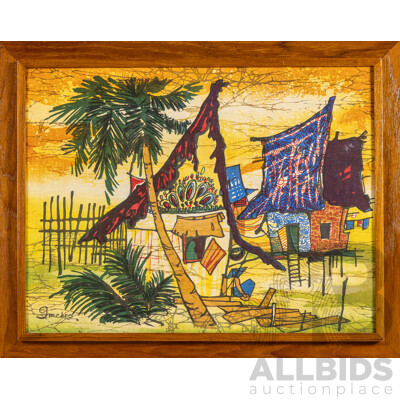 Choo Git Man (20th Century, Malaysian, 1939-2025), Petang Di Kampung (Village Afternoon), Original Hot Wax & Painted Batik on Cotton Panel, 50H x 63W cm (frame)