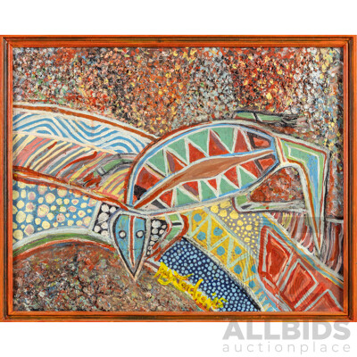D. Jordan (20th Century, Indigenous), Layers of Country (2015), Originaly Acrylic and Mixed Media on Canvas, 43H x 54W cm (frame)