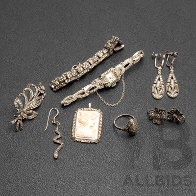 Vintage Collection of Sterling Silver Marcasite Jewellery. 75.7gms - Lot of 8