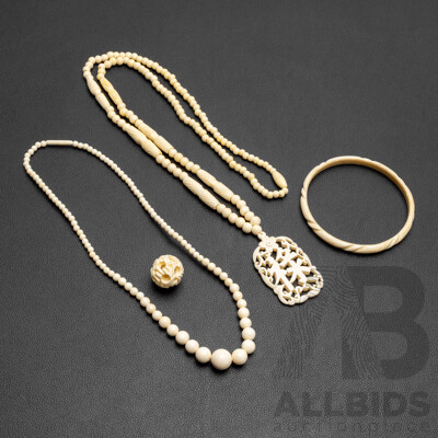 Vintage Collection of Carved Ivory Jewellery - Lot of 4