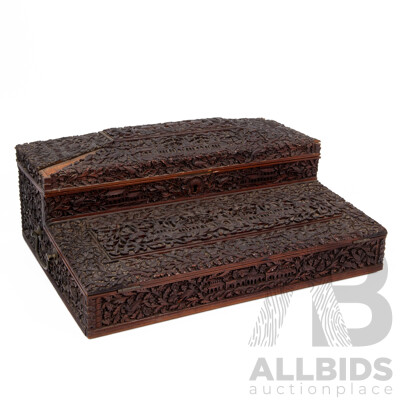 Late 19th Century Anglo Indian Hand Carved Hard Wood Writing Slope