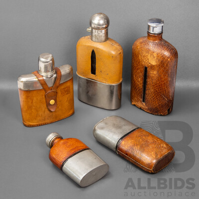 Collection of Five Leather and Pewter Hip Flaske