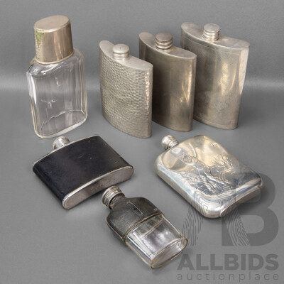 Collection of Seven Glass and Pewter Hip Flasks