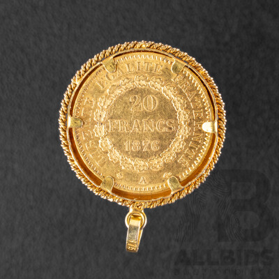 France 1876 Gold Twenty Francs Coin in 9ct Gold Pendant, Paris Mint .900
