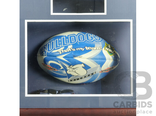 1661143 · Framed 2004 Signed Premiership Canterbury Bankstown Bulldogs Jersey with Ball and Cap