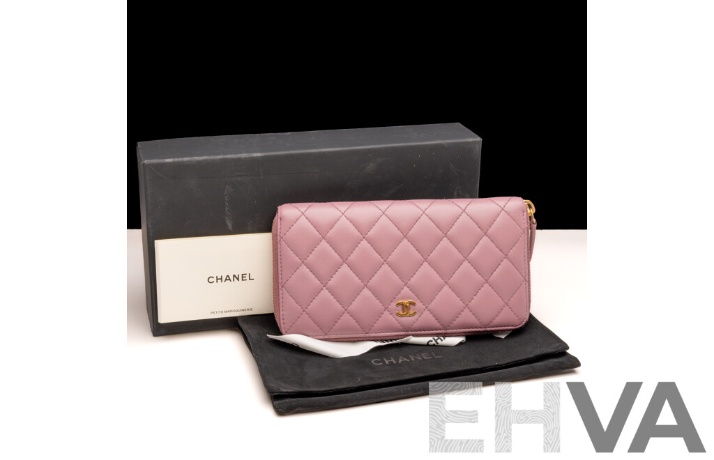 Chanel Timeless Classique Quilted Lambskin Wallet in Mauve Pink, with Box & Ribbon
