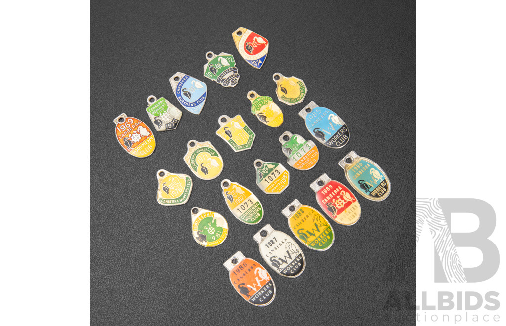 Collection of Canberra Workman's Club Membership Key Rings, Examples Spanning 1969 to 1990