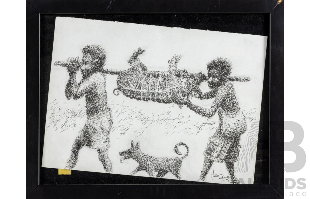 Heso Kiwi (20th Century, Papua New Guinean, 1963-2009), Villagers with Dinner and Dog, Wonderful Quality Print of Original, 25 x 33 cm (frame)