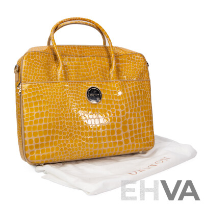 Glossy Mustard Yellow Crocodile Skin Business Bag by Oroton