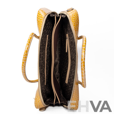 Glossy Mustard Yellow Crocodile Skin Business Bag by Oroton