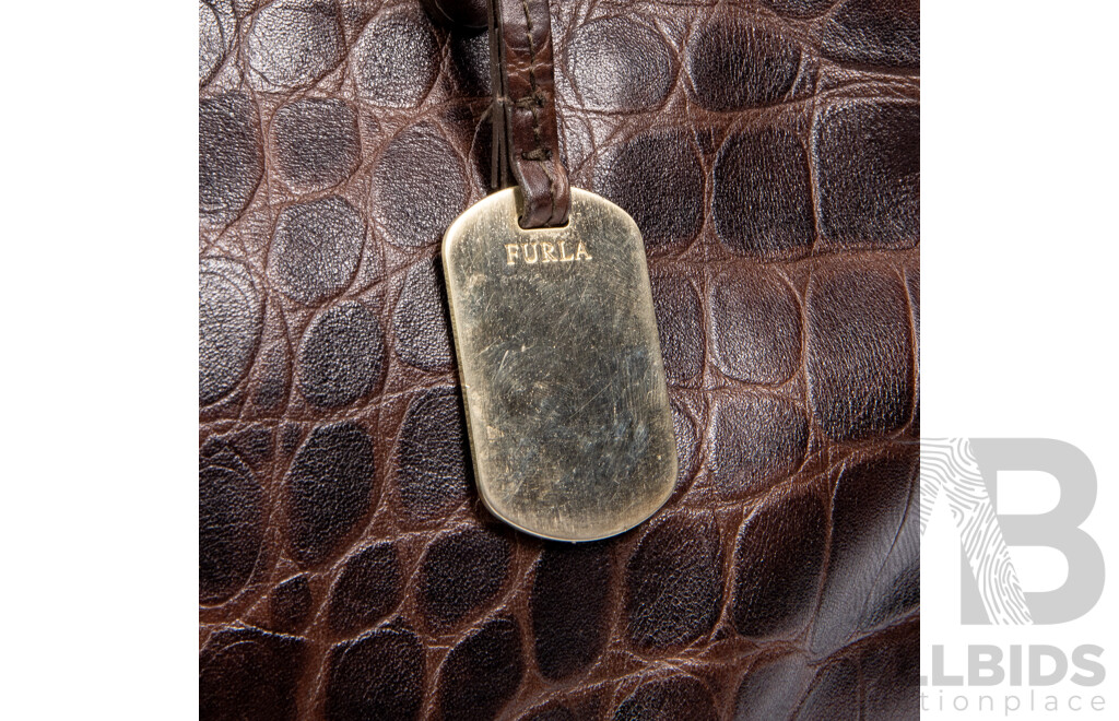 Ladies' Crocodile Embossed Brown Leather Tote Bag by Furla, Italy