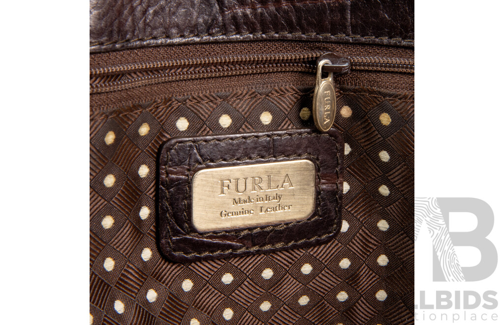 Ladies' Crocodile Embossed Brown Leather Tote Bag by Furla, Italy