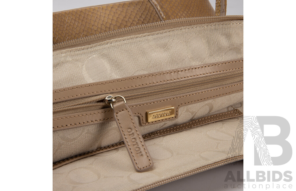 Oroton Genuine Tan Leather Python Texture Print Handbag