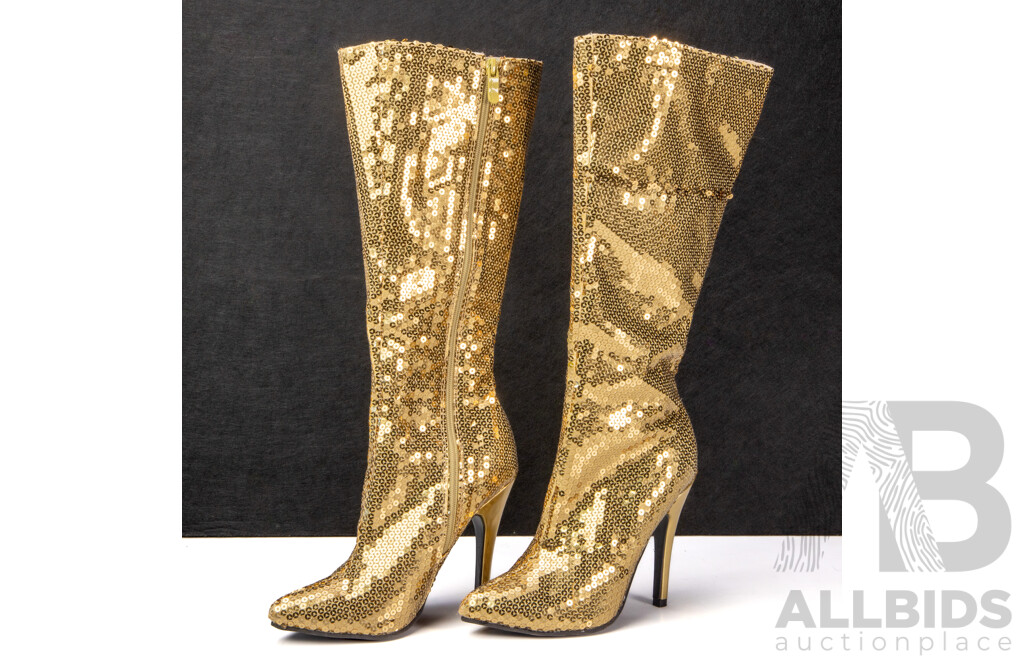 Pair of Ellie Gold Sequin Knee-High Heels - Size 7