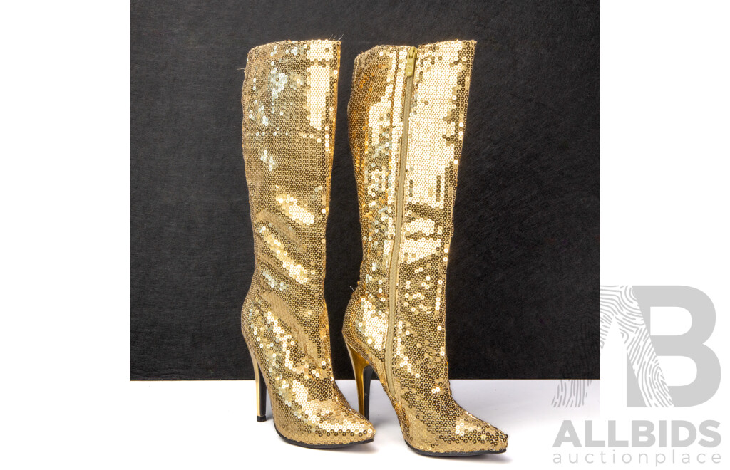 Pair of Ellie Gold Sequin Knee-High Heels - Size 7