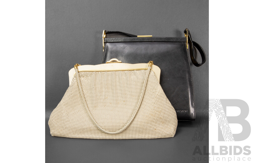 Pair of Oroton Handbags - West German Mesh Evening Bag and Black Snap Closure Bag with Dust Bag