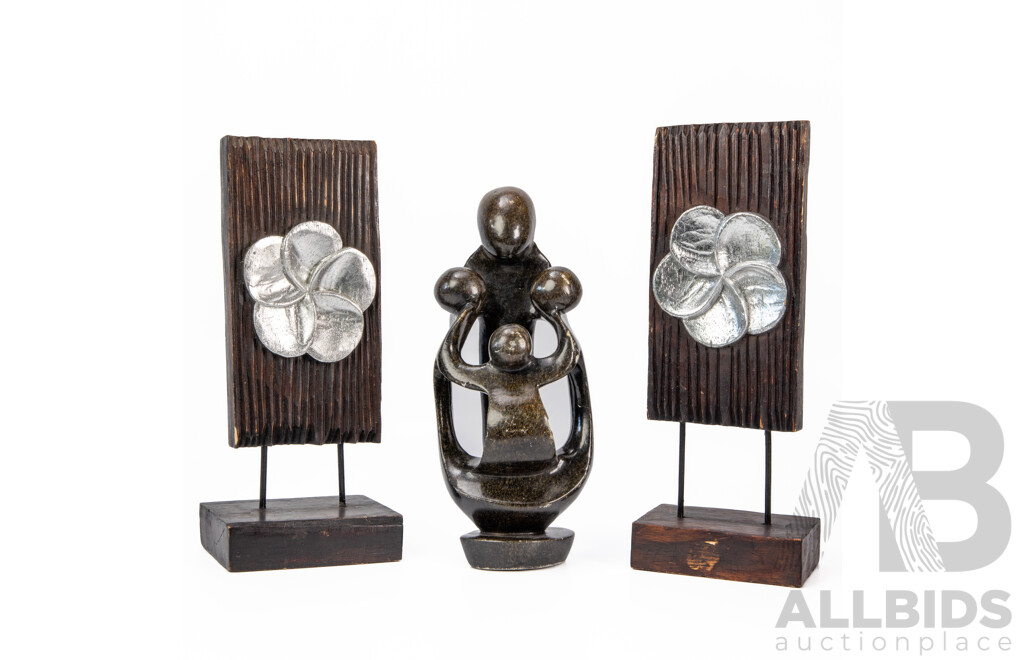 Pair of Wooden Lotus Stands with African Dancing Family Stone Shona Sculpture