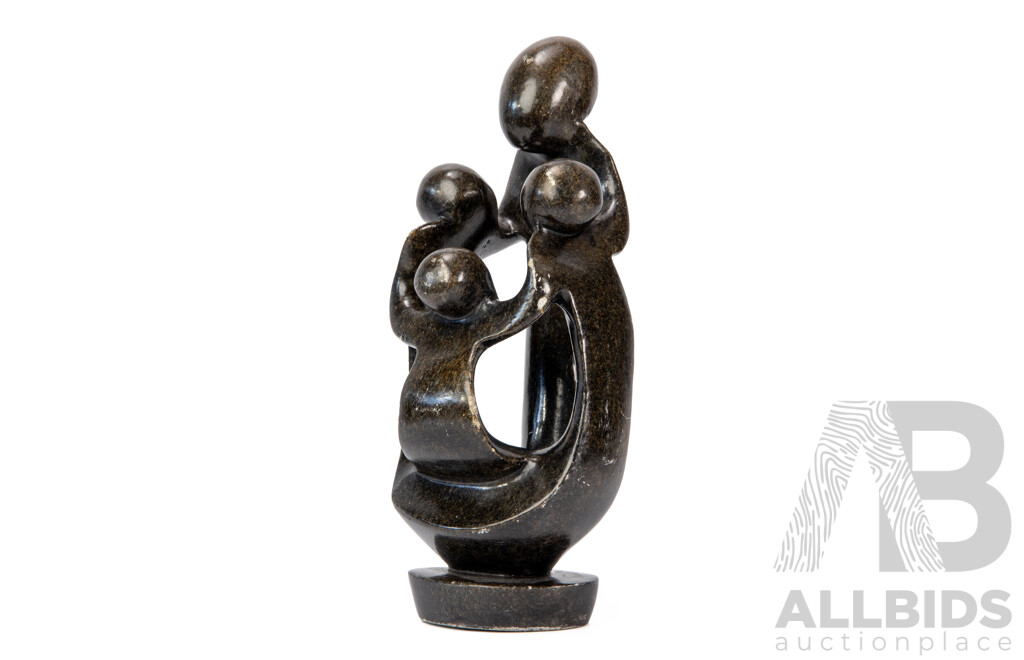 Pair of Wooden Lotus Stands with African Dancing Family Stone Shona Sculpture