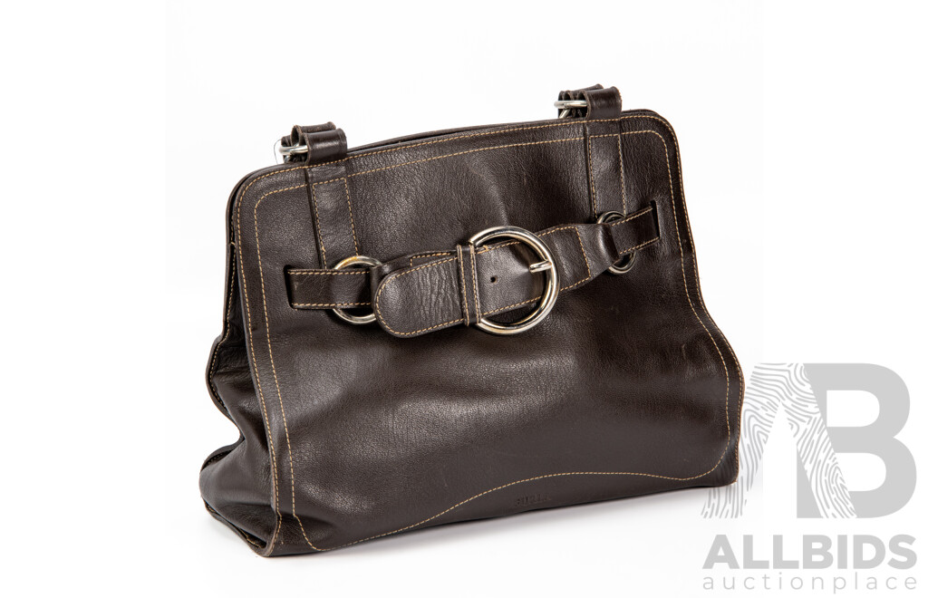Furla Brown Leather Handbag with Front Buckle Accent