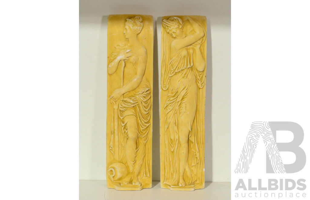 Pair of Classical-Style Sandstone Wall Plaques Featuring Water Bearers