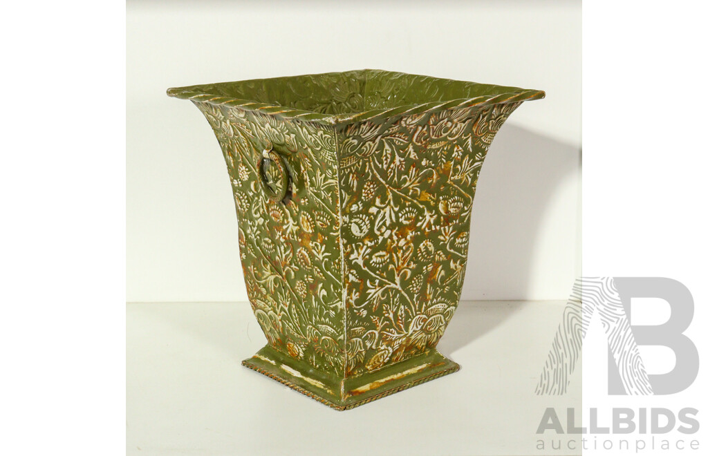 Decorative Green Metal Planter with Ornate Floral Design