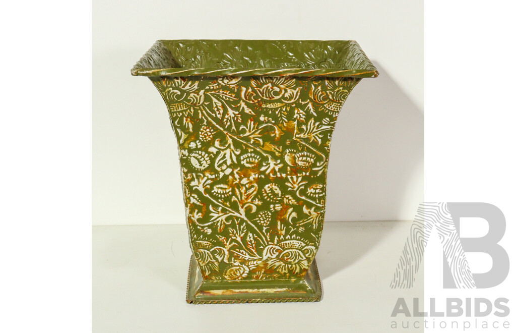 Decorative Green Metal Planter with Ornate Floral Design