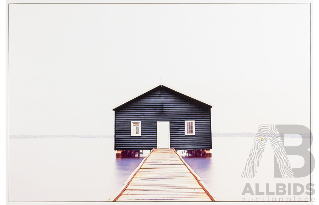 "Coastal House" Framed Canvas Print of Black Boat Shed 90x61cm