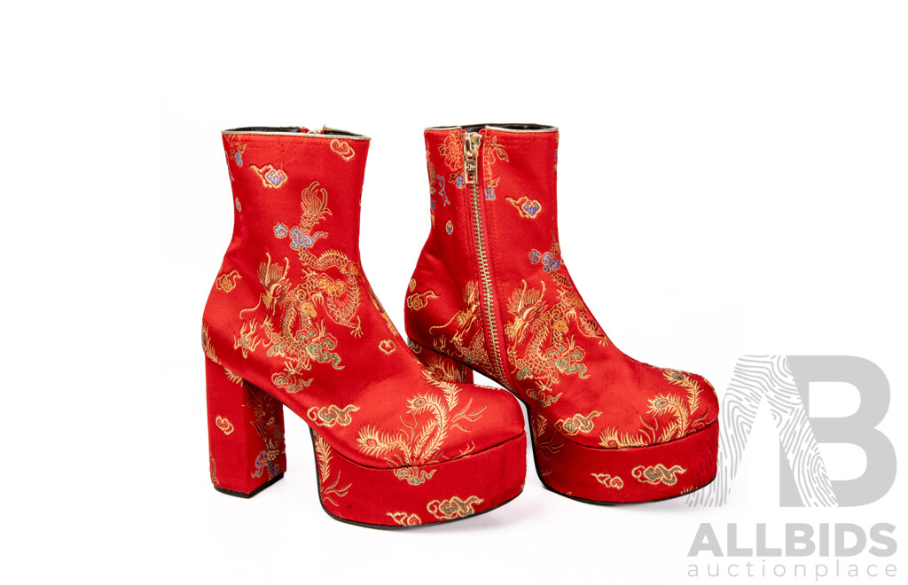 Red Platform Booties with Chinese Dragon Embroidery - Size 9