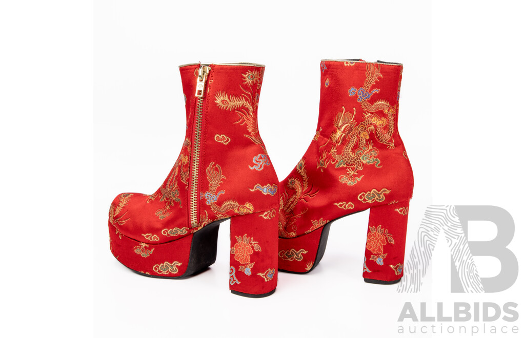 Red Platform Booties with Chinese Dragon Embroidery - Size 9