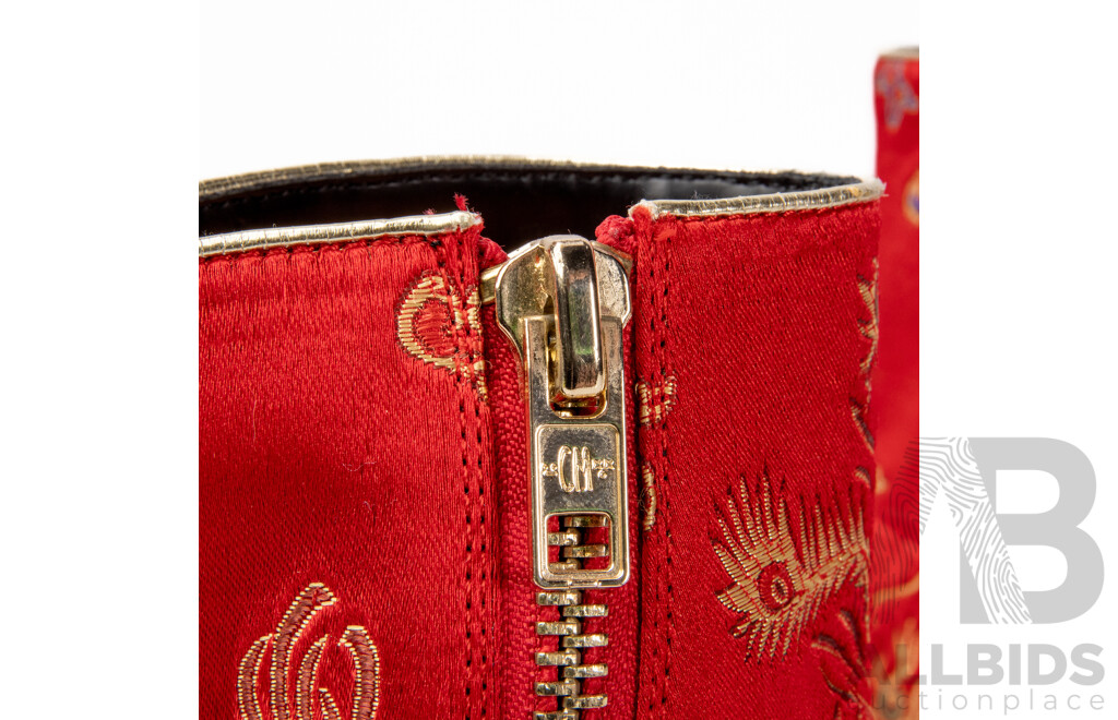 Red Platform Booties with Chinese Dragon Embroidery - Size 9