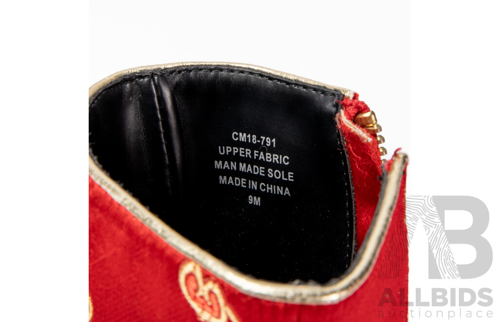 Red Platform Booties with Chinese Dragon Embroidery - Size 9
