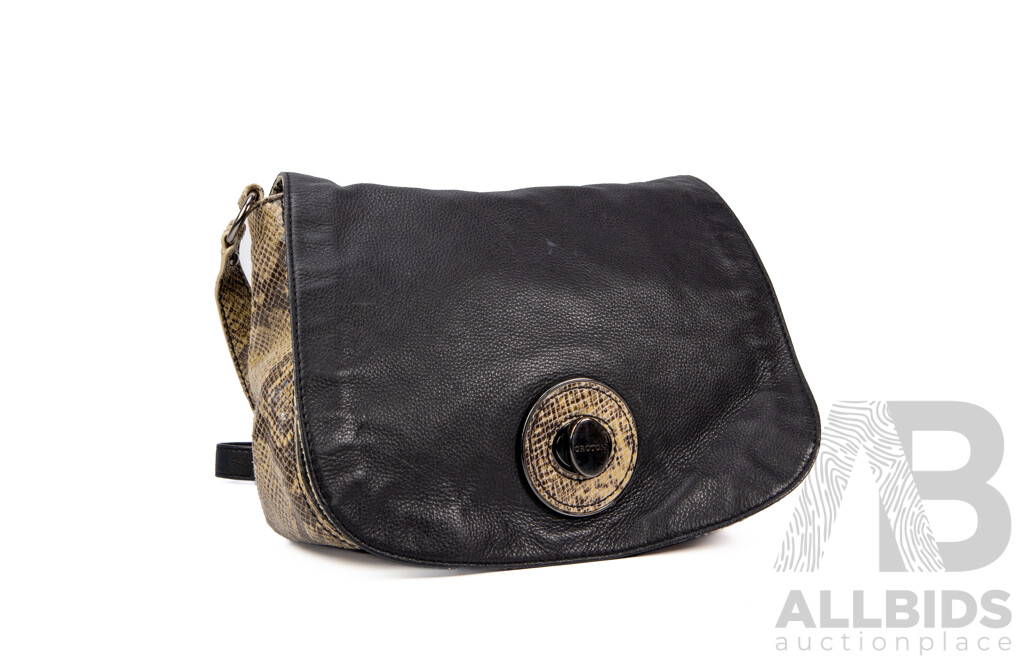 Black Pebbled Leather and Snakeskin Shoulder Bag - by Oroton