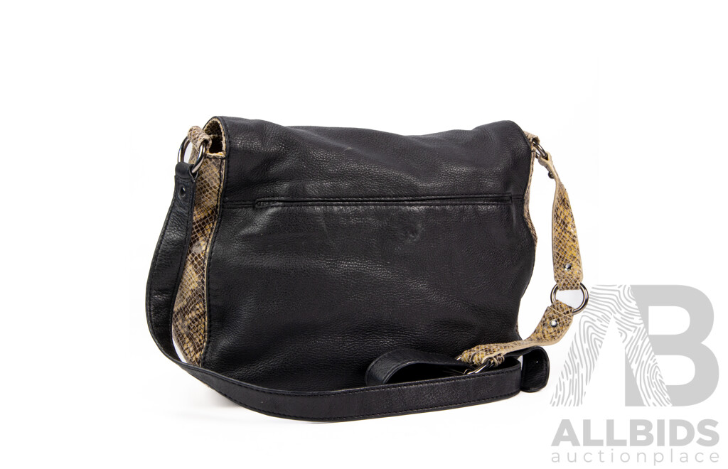 Black Pebbled Leather and Snakeskin Shoulder Bag - by Oroton