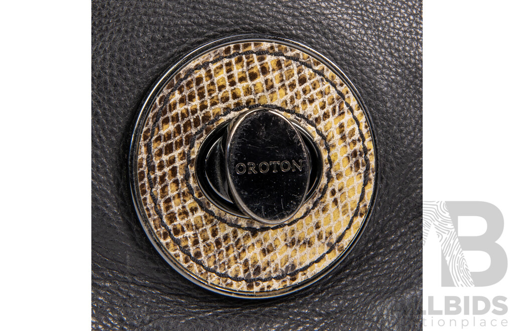 Black Pebbled Leather and Snakeskin Shoulder Bag - by Oroton