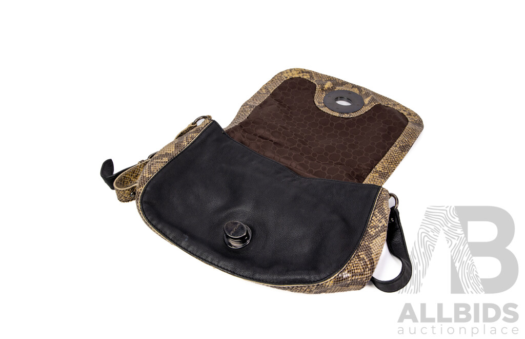 Black Pebbled Leather and Snakeskin Shoulder Bag - by Oroton