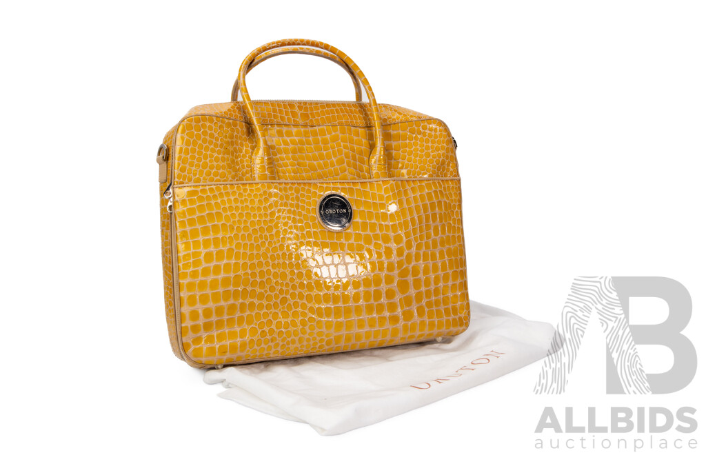 Glossy Mustard Yellow Crocodile Skin Business Bag by Oroton