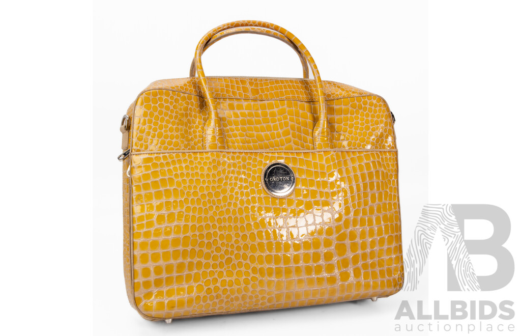 Glossy Mustard Yellow Crocodile Skin Business Bag by Oroton