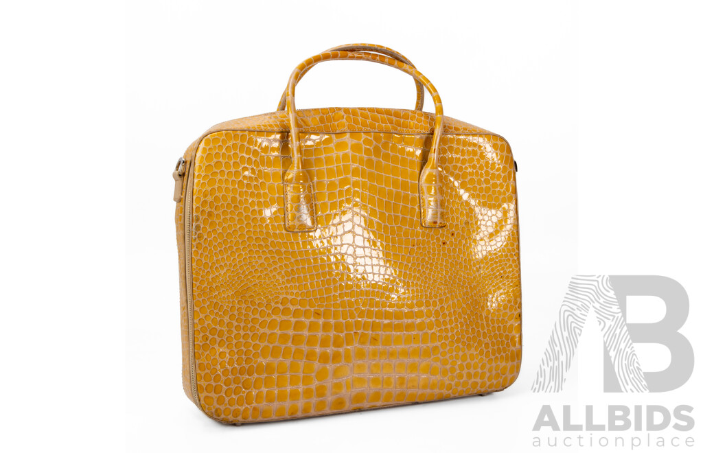 Glossy Mustard Yellow Crocodile Skin Business Bag by Oroton