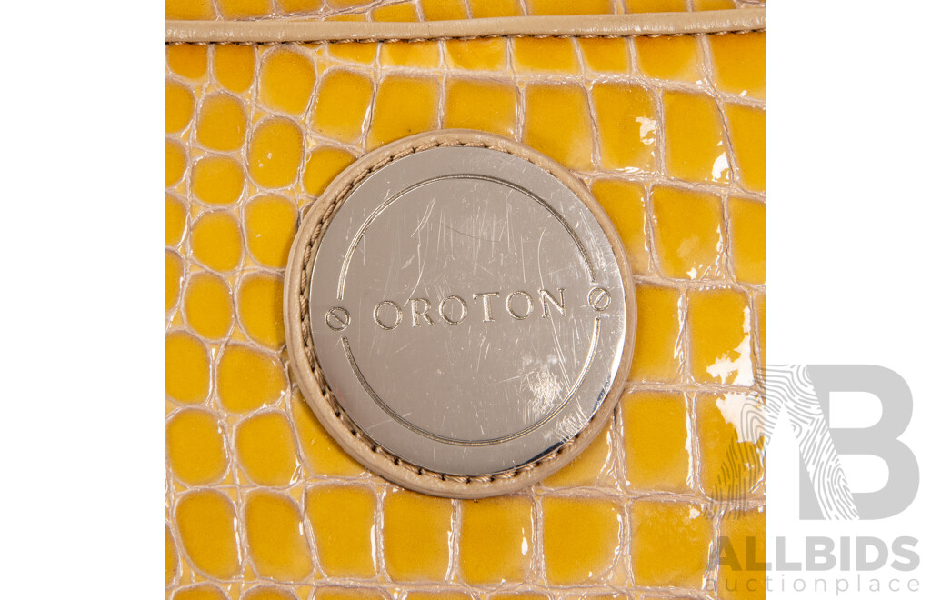 Glossy Mustard Yellow Crocodile Skin Business Bag by Oroton
