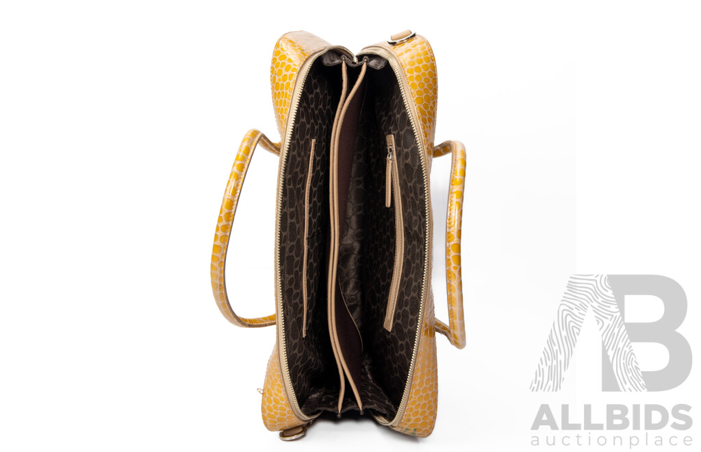Glossy Mustard Yellow Crocodile Skin Business Bag by Oroton