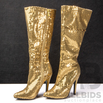 Pair of Ellie Gold Sequin Knee-High Heels - Size 7
