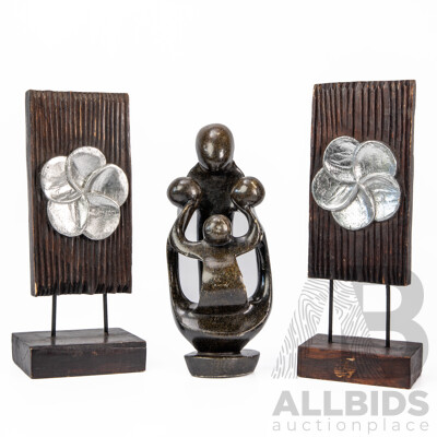 Pair of Wooden Lotus Stands with African Dancing Family Stone Shona Sculpture