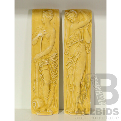 Pair of Classical-Style Sandstone Wall Plaques Featuring Water Bearers